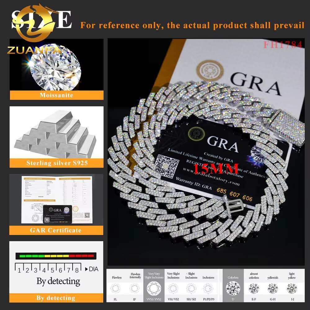 Hot Selling Drop Shipping Service 925 Sterling Silver Hip Hop 15mm Iced Out Moissanite Diamond Cuban Link Chain