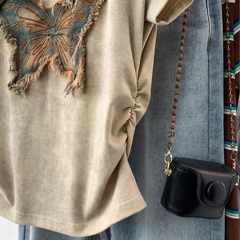 Butterfly Women T Shirt Korean Crop Top Summer Short Sleeve Tees Tshirts Femme Slim Drawstring Y2K Ladies Appliques Clothing 250517