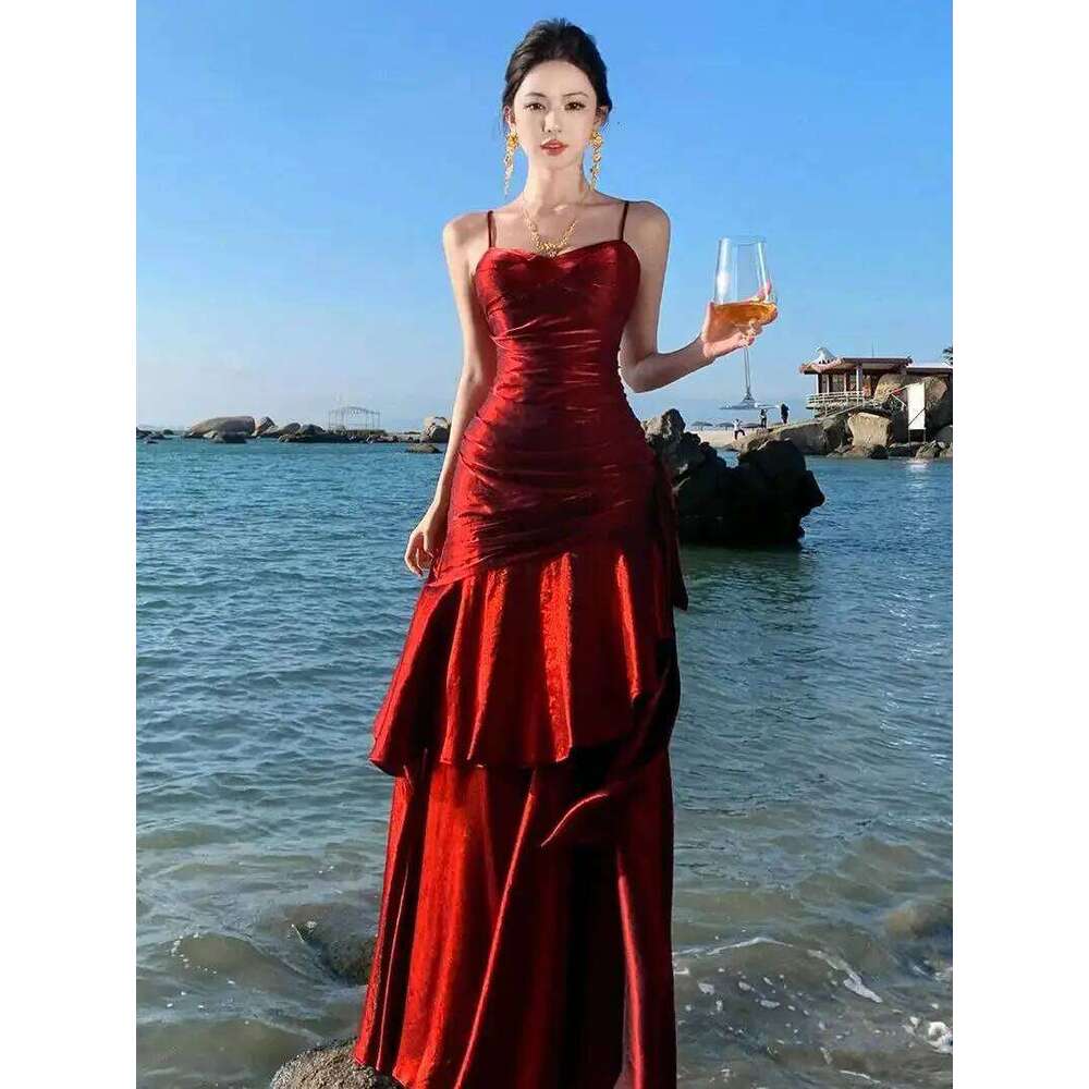 Women Elegant Graduation Birthday Evening Party Dress Ruffles Spaghetti Strap Mermaid Dresses Wedding Formal Slim Fit Prom