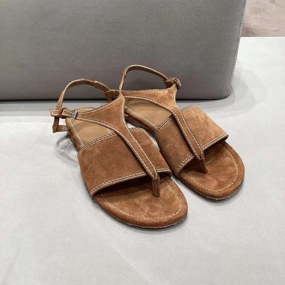 2024 New Summer Suede Toe Post Flat Roman Sandals for Women Genuine Leather Versatile Back Strap Slippers