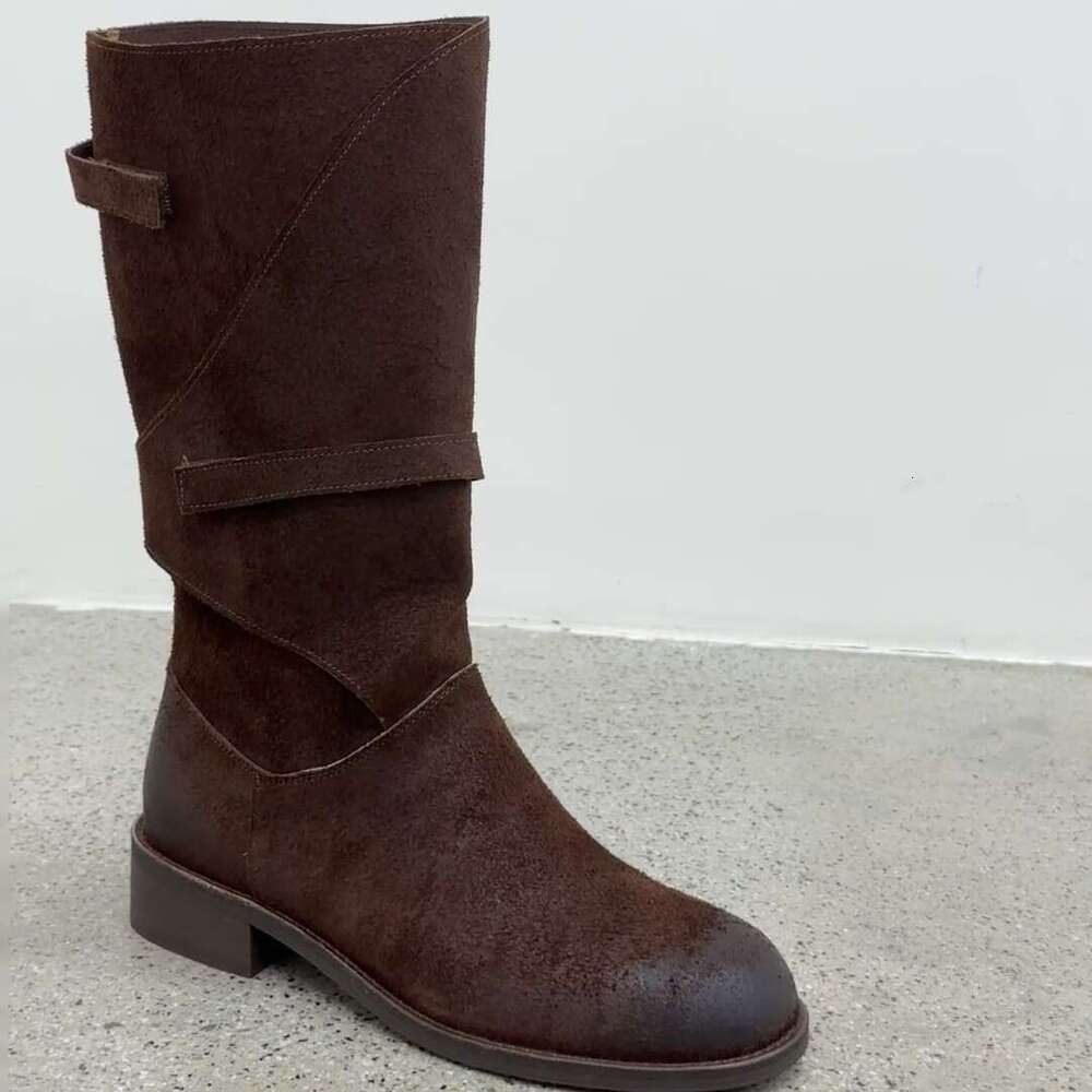 Niche Vintage Style Long Riding for Women Autumn Winter Thick Heel Round Toe Mid-High Boots