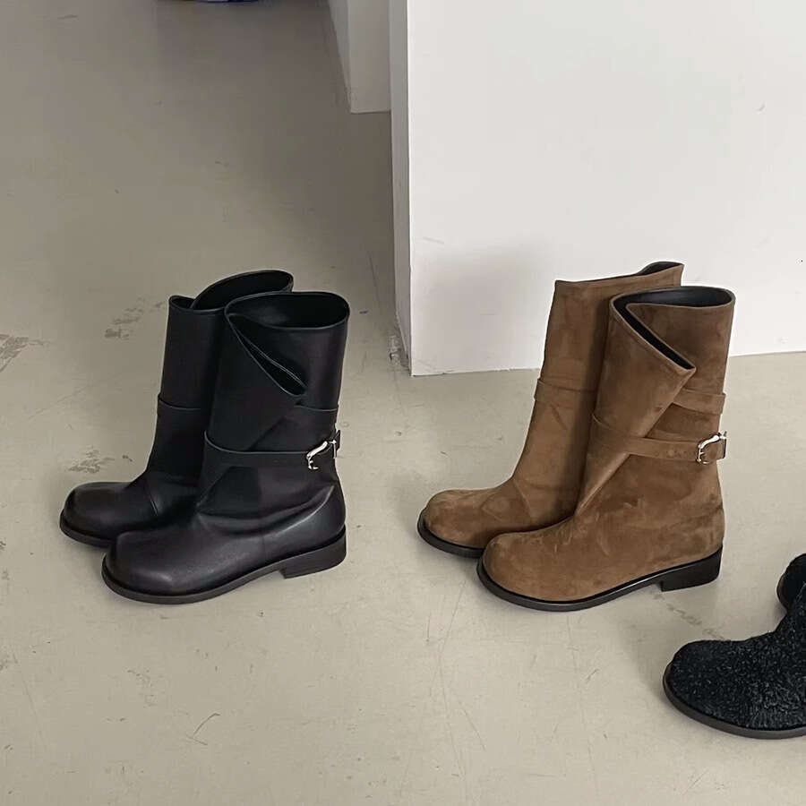 Korean Niche Foldable Wide Tube Mid-Calf Western Cowboy for Women Autumn Winter Thick Heel Round Toe Belt Buckle Martin Boots