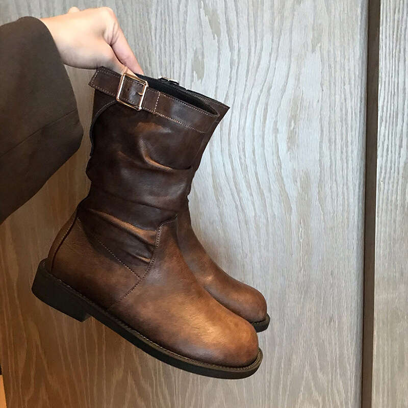 Genuine Leather Korean Style Short for Women 2024 Autumn Winter New Chunky Heel Round Toe Slouch Mid-Calf Slim Martin Boots