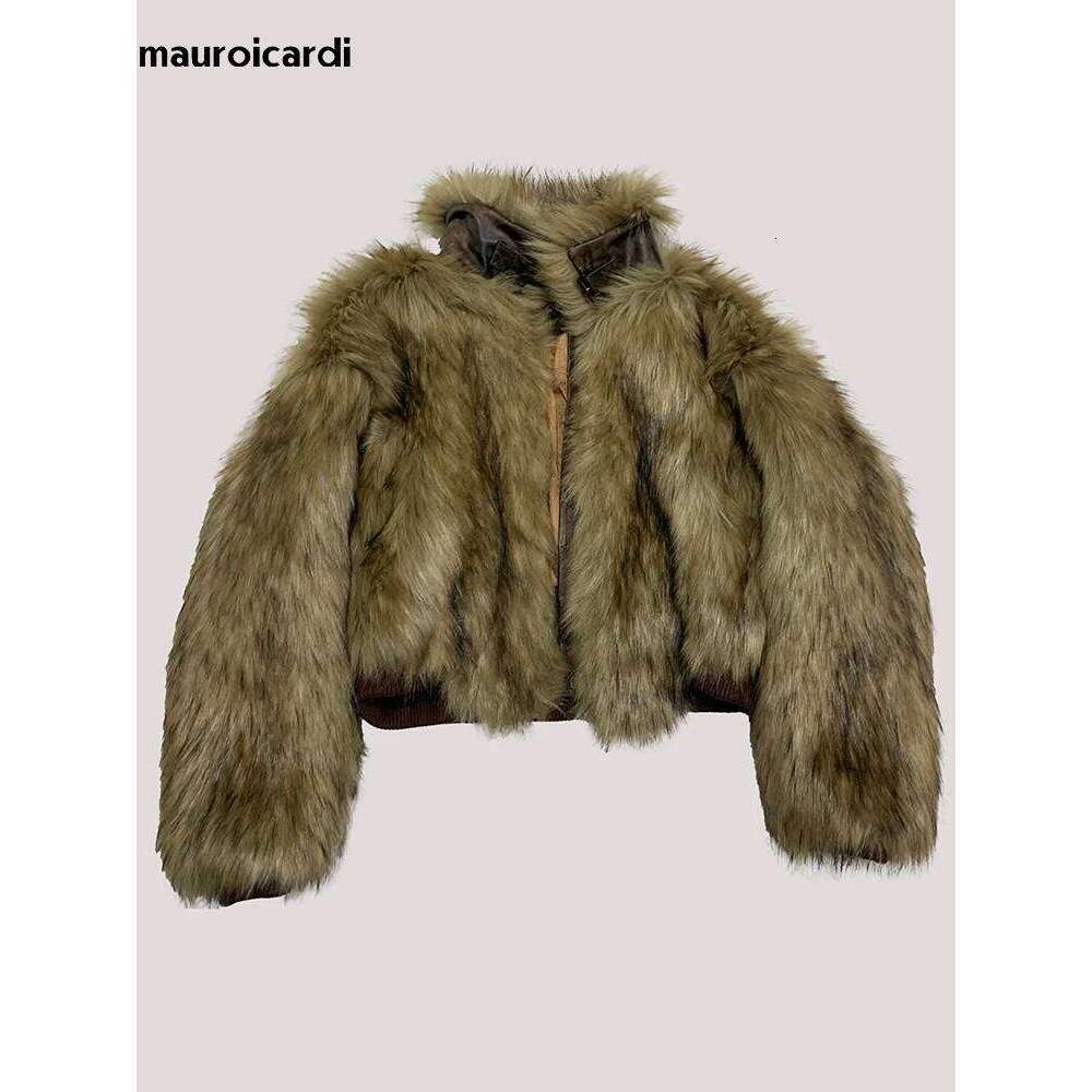Mauroicardi Winter Short Warm Thick Hairy Shaggy Faux Raccoon Dog Fur Coat Women Long Sleeve Designer Fluffy Jacket 2025