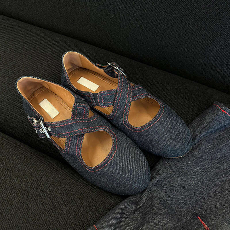 Genuine Leather Korean Style Niche Denim Cross Buckle Round Toe Flat Ballet Mary Jane Shoes for Women Summer Autumn New