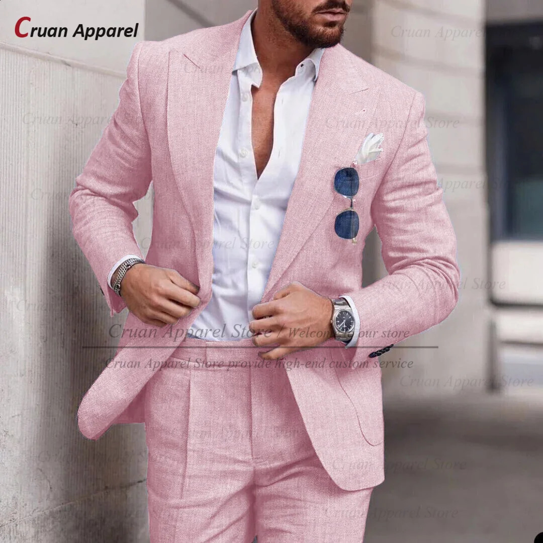 Fashion Sky Blue Linen Suit Set For Male Casual Party Fashion Blazer Pants 2Pieces Wedding Groomsman Formal Peaked Lapel Outfits 250522