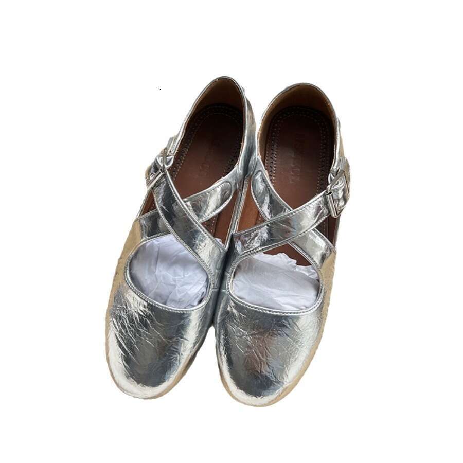Genuine Leather Niche Silver Fashion Ballet Flats Round Toe Shallow Mouth Cross Strap Mary Jane Shoes for Women Summer Autumn