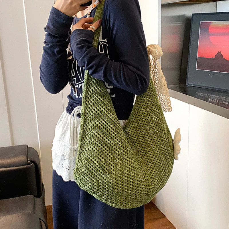 Korean Womens Hollow Woven Shoulder Bags Braided Bag Tote Lazy Style Knitted Flower Summer Mesh Beach Bag 250528