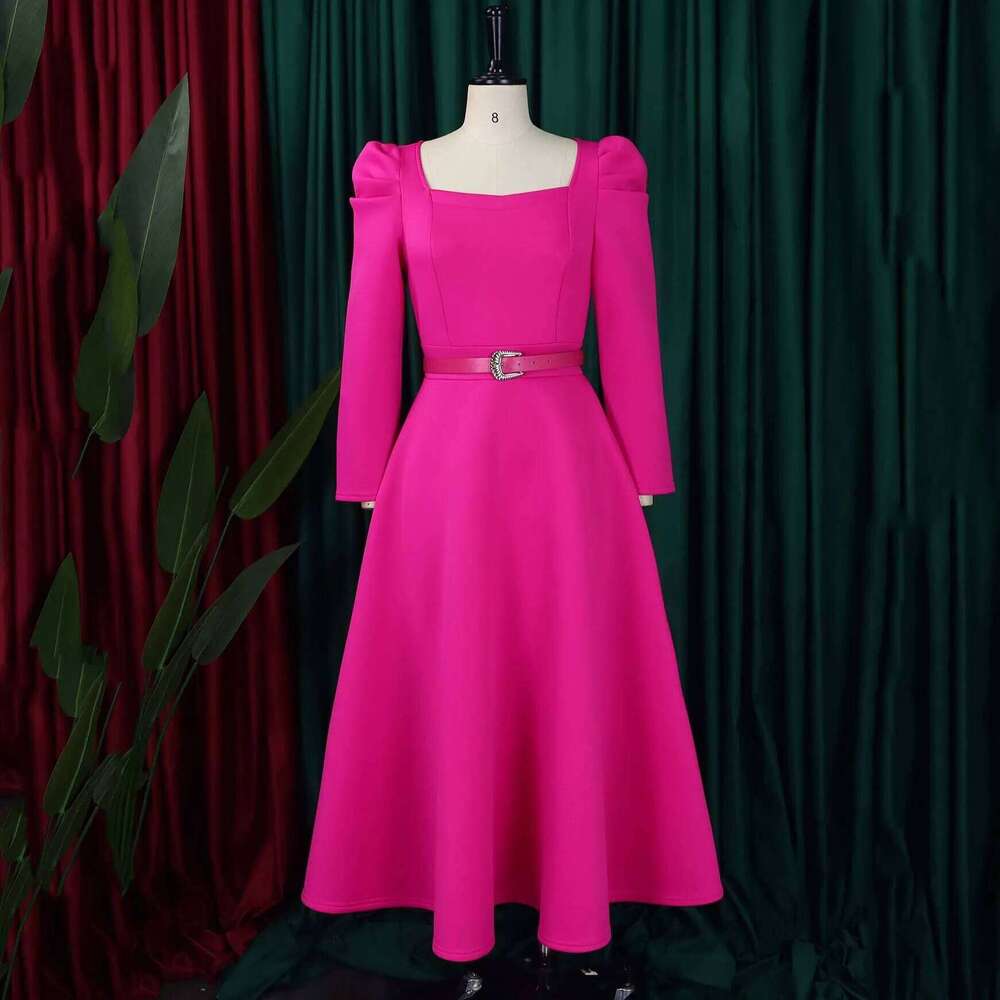 Elegant Dresses For Women Square Neck Full Sleeve Belt Waisted A Line Ankle Length Female Birthday Party Dinner Dress Hot
