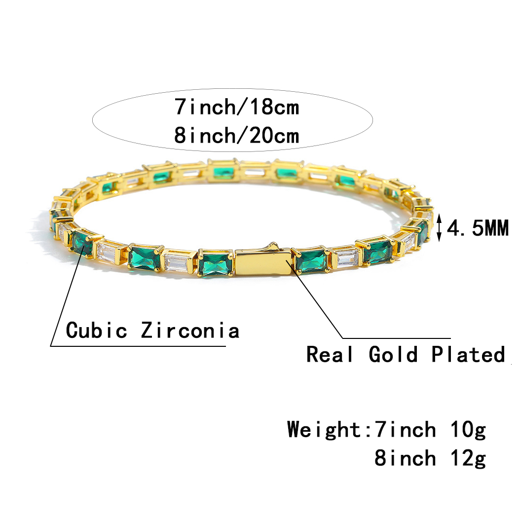 Sparkly Baguette Emerald Tennis Bracelet Spring Buckle Rectangular Green White Cubic Zirconia Bling Cz Stones Hip Hop Bangle For Women Wolf Tide Pulse