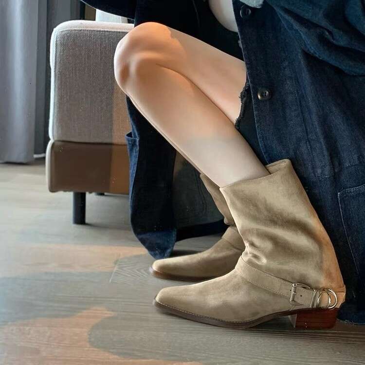 Genuine Leather Suede Square Toe Chunky Heel Western Cowboy Martin for Women Autumn Winter New Belt Buckle Mid-Calf Boots