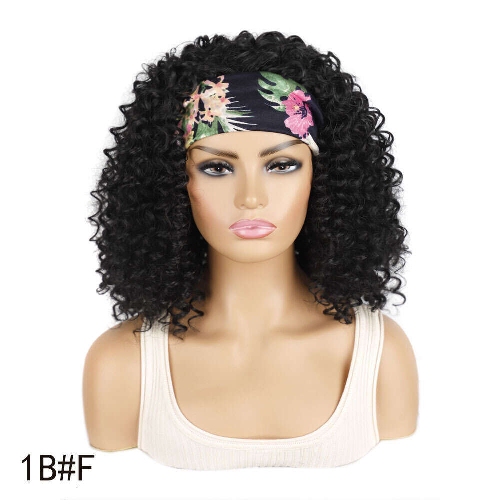 Women's wig Short 19Inch Deep Black Curly Hair Band Ice Silk Hairband Set Wig