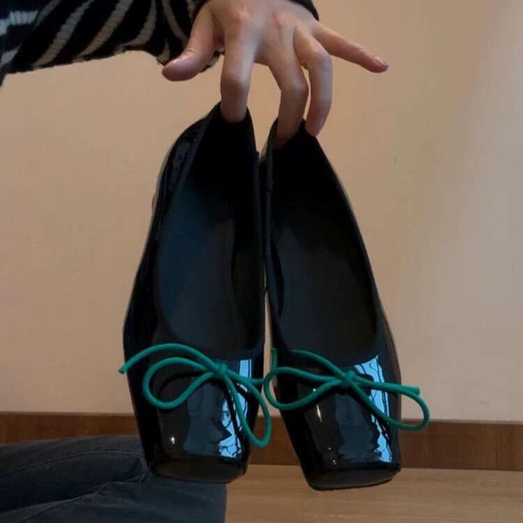 French Style Genuine Leather Shallow Mouth Square Toe Bowknot Ballet for Women 2025 Spring New Versatile Chunky Heel Loafers Single Shoes