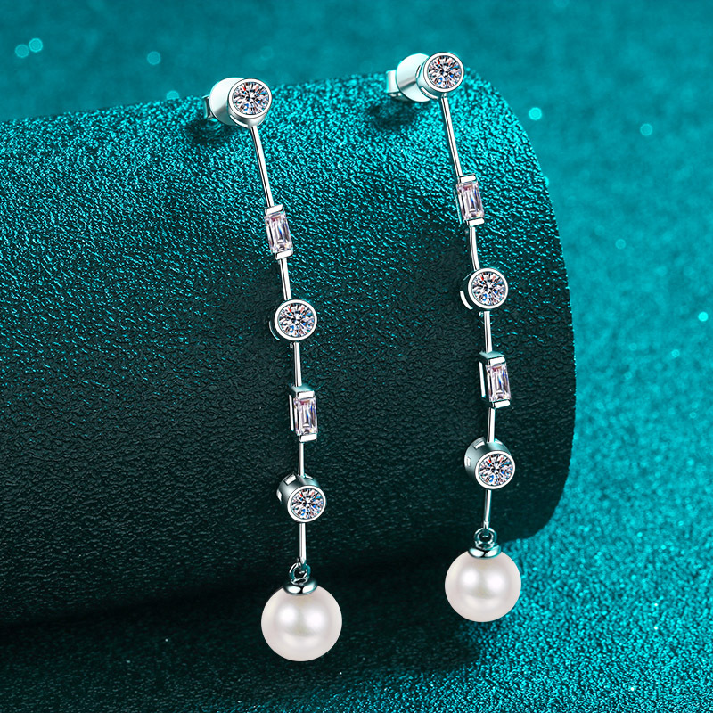 925 Sterling Silver Tassel Stud Earrings, Moissanite Freshwater Pearl Earrings, PT950 Gold Plated, Fashionable Chic Women's Jewelry, Wholesale In