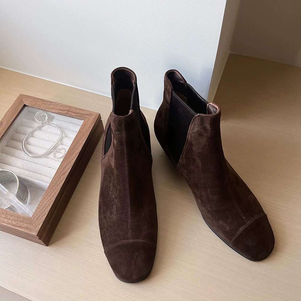 French Style Melard Short for Women 2024 Autumn Winter Fleece Lined Chunky Heel Round Toe Martin Chelsea Denim Boots