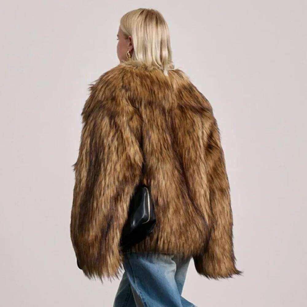 Winter Brown Gradient Long Hairy Shaggy Raccoon Faux Fur Coat Full sleeve Women Big Lapel Furry Loose Outerwear