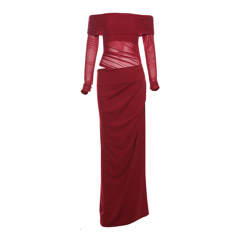 Spring New Women's Fashion Elegant Sexy Off-Shoulder Mesh Sheer Long Dress B5