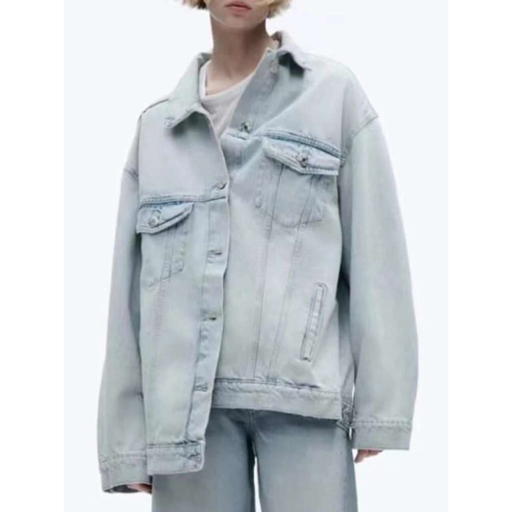 TRAF Women's Fashion Vintage Washed Single Breasted Long Sleeve Lapel Hundreds of Bottom Denim Shirt Jacket