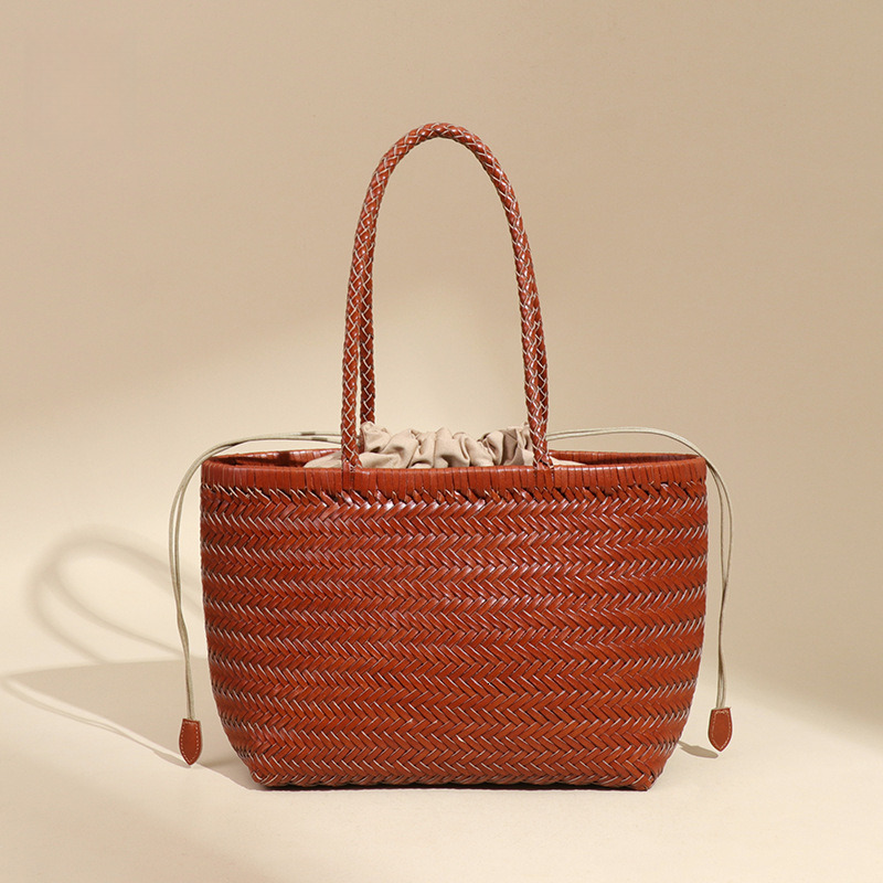 Cowhide Vegetable Basket Handbag Tote Women's Personality Handwoven Casual Vacation Style Shoulder Underarm Bag