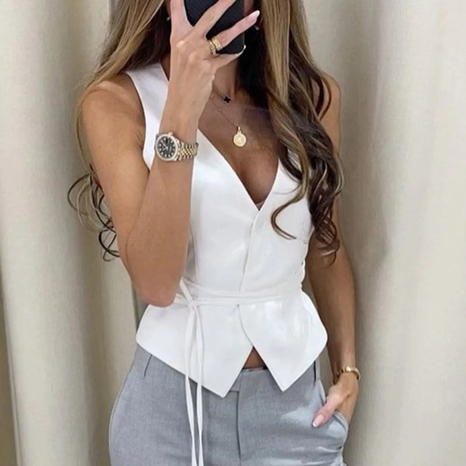 Women VNeck Open Front Lace Up Tank Tops Sleeveless Slim Fit Casual Camisoles Office Lady Y2k Solid Cardigan Cropped 250527