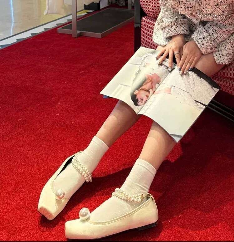 Genuine Leather Satin French Niche Pearl Square Toe Ballet for Women 2025 Spring Super Popular Shallow Mouth Single Flat Shoes