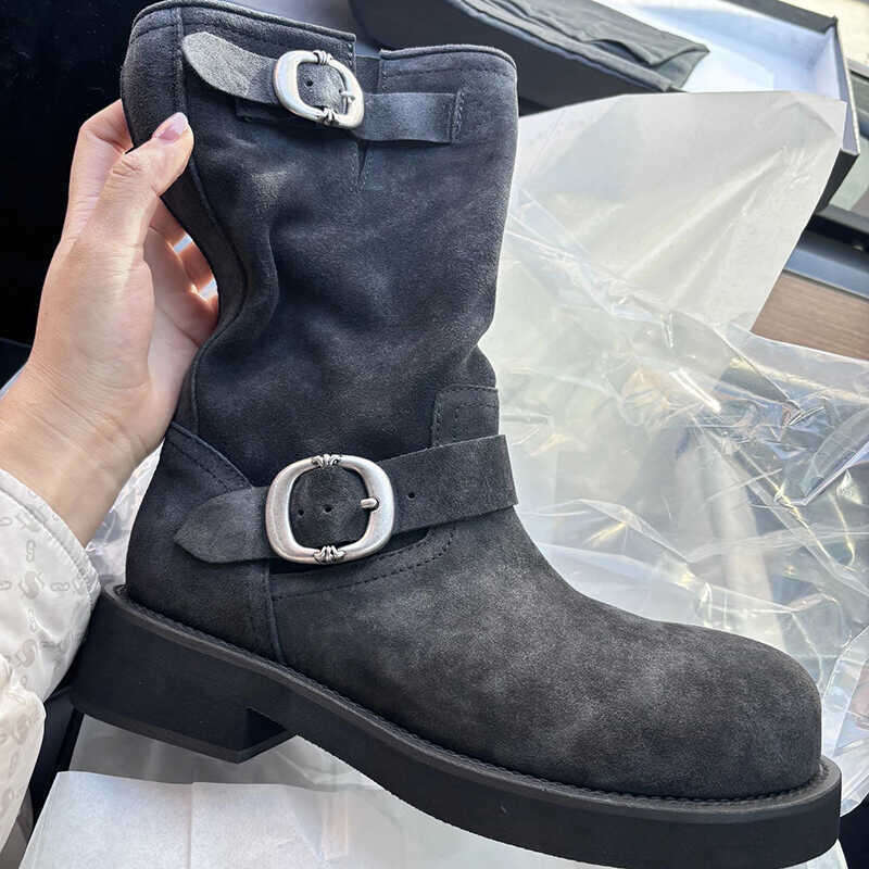 Suede Round Toe Thick Sole British Style Martin Western Cowboy Women 2024 New Belt Buckle Mid-Calf Short Boots