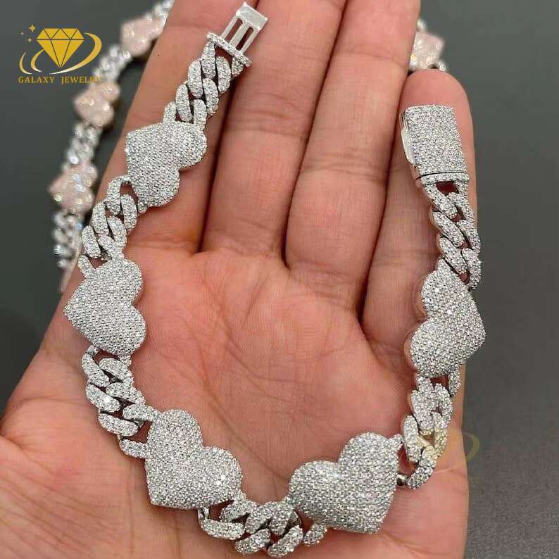 High Quality Heart Shaped Cuban Link Necklace Bracelet 14mm Moissanite Iced Out Diamonds 925 Sterling Silver Cuban Link Chain