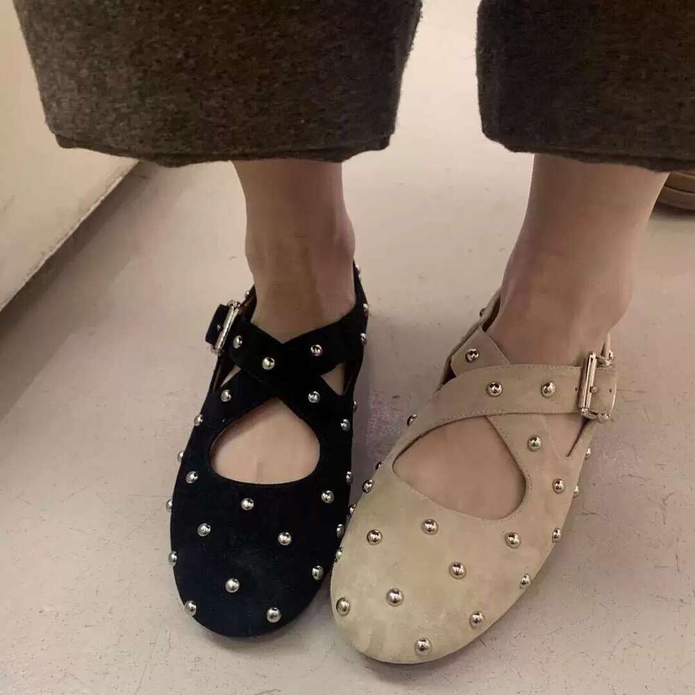 Genuine Leather Korean Style Studded Round Toe Cross Strap Mary Jane for Women 2025 Spring Summer New Ballet Flat Shoes