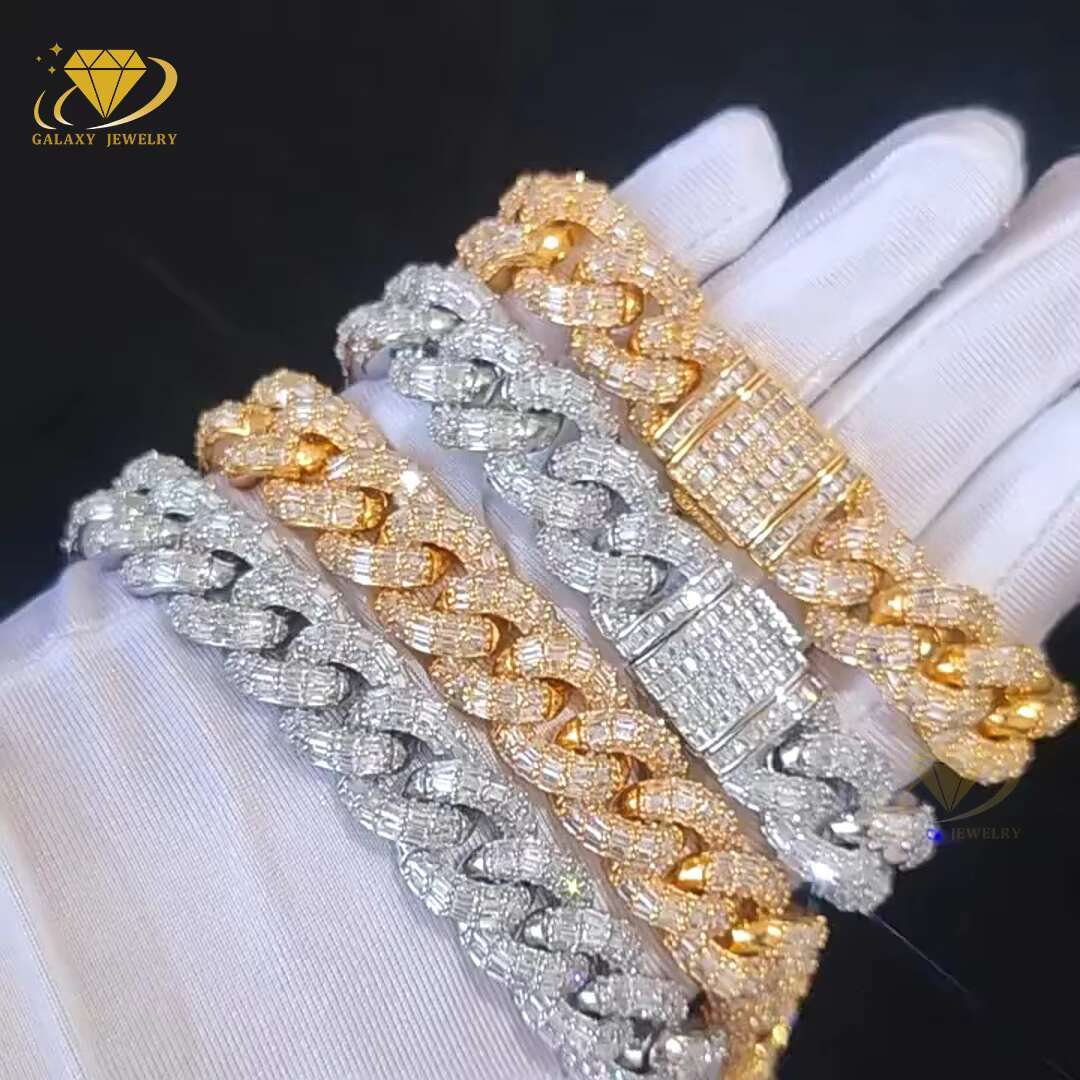 6mm-20mm Baguette Cut Miami Cuban Chains Bling Chain Vvs Moissanite 925 Sterling Sliver Cuban Link Chain Mossante Jewelry