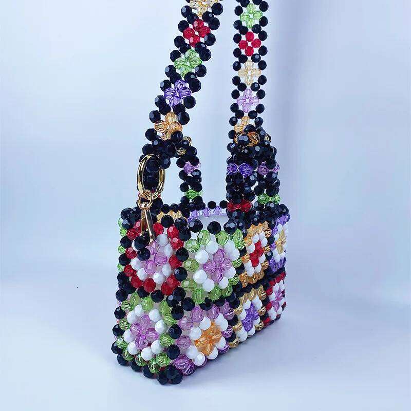 Women's Bags Designer Handmade Color Beaded Handbag Hollow Woven Beading Bags For Women Shoulder NEW Wide Strap Crossbody Bag Evening Clutch