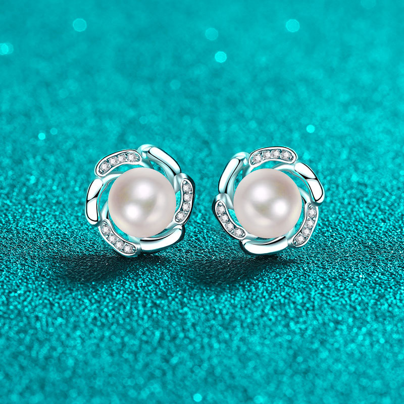 Sterling silver moissanite pearl floral bud stud earrings for women, elegant minimalist design, sweet and stylish daily wear jewelry