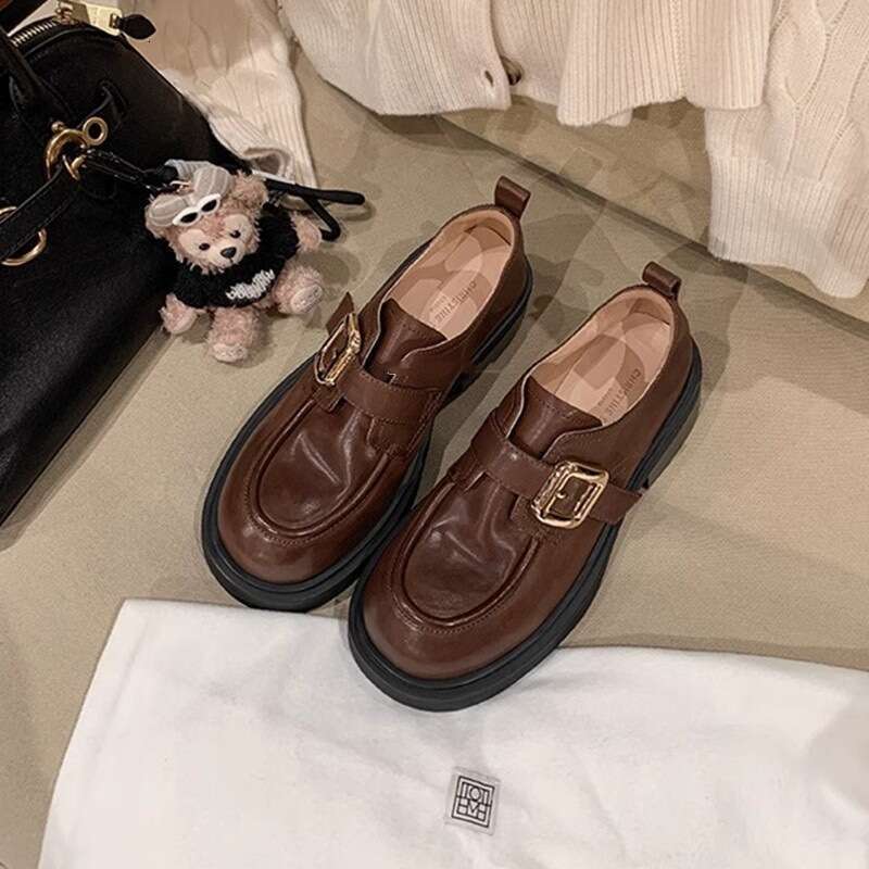 Genuine Washed Shrink Pattern Round Toe Thick Sole Chunky Heel Belt Buckle Loafers Women Autumn Winter Small Leather Single Shoes
