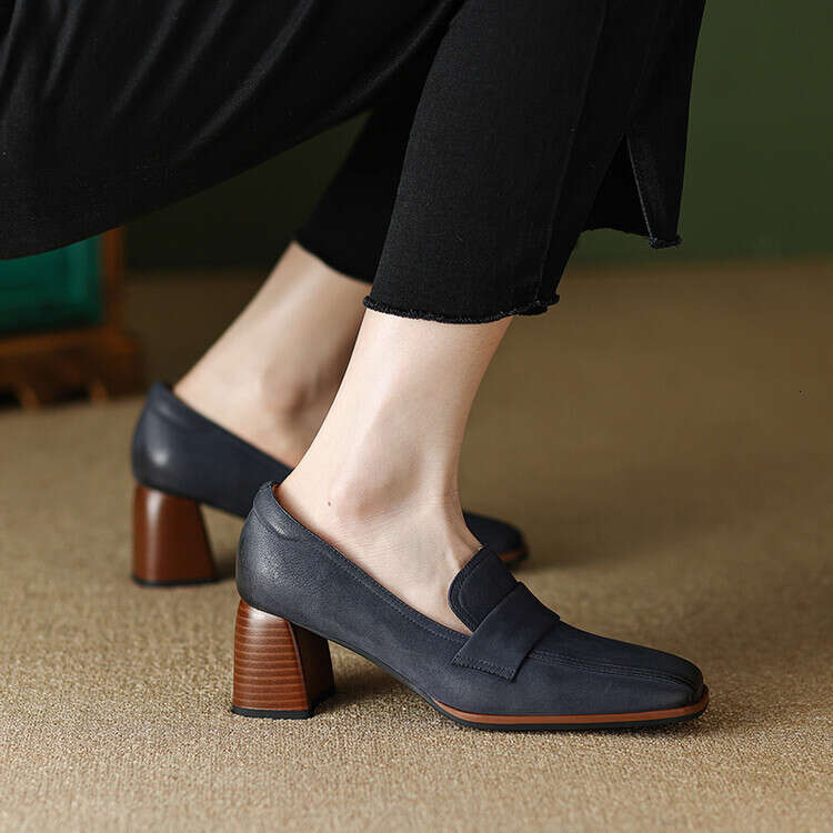 Chengdu Style ~ Genuine Leather Commuter Shoes for Women 2024 New Spring and Autumn Versatile Square Toe Chunky Heel High Heels