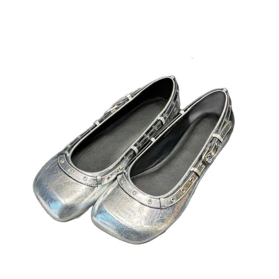 Genuine Leather French Niche Square Toe Shallow Mouth Studded Punk Single for Women 2025 New Spring Summer Ballet Flat Shoes