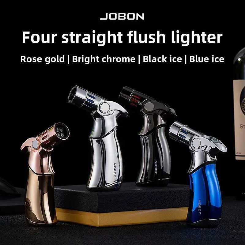 JOBON 4 Flame Jet Butane Gas Spray Gun Lighter Outdoor Windproof Metal Kitchen Baking BBQ Cigar ToolT250529
