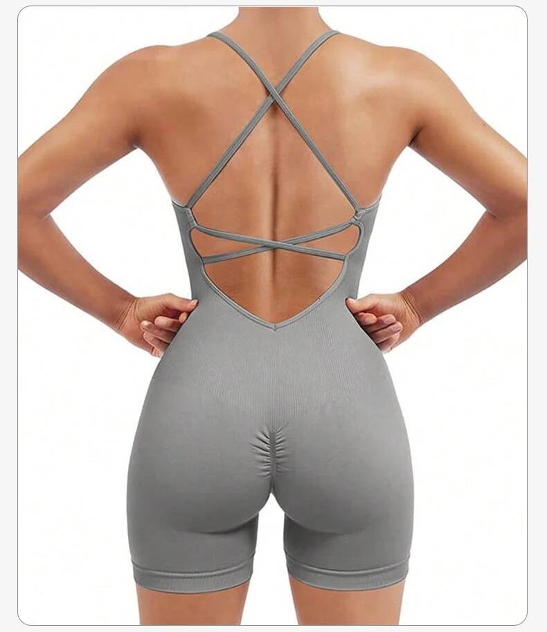 Summer Solid Jumpsuit Skinny Short Bodycon Nylon Bodysuit Yoga Sports Workout Gym One Piece Ribbed for Women