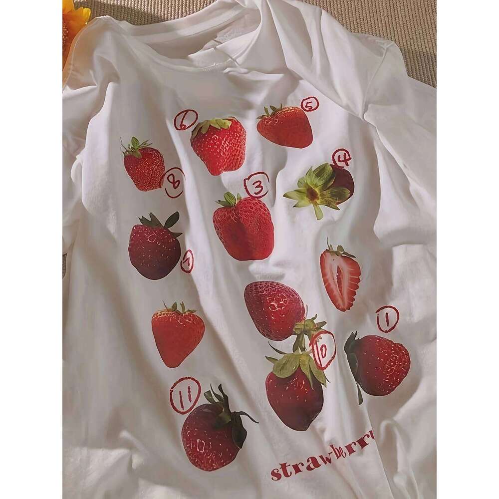 hoodie Women's Wear 100% Cotton Women T-Shirt Cute Fresh Strawberries Printed Tee Shirt Summer Comfortable Loose Tops Street Fashion Female Cloth
