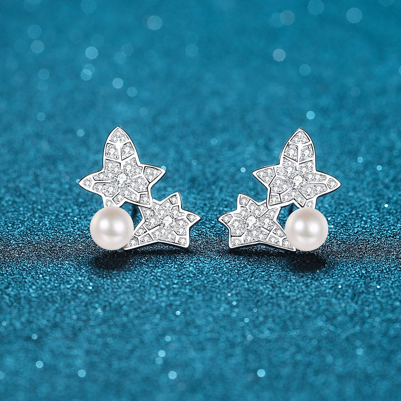925 Sterling Silver Freshwater Pearl Floral Leaf Earrings with Flawless Moissanite Studs Popular Network Style Wholesale