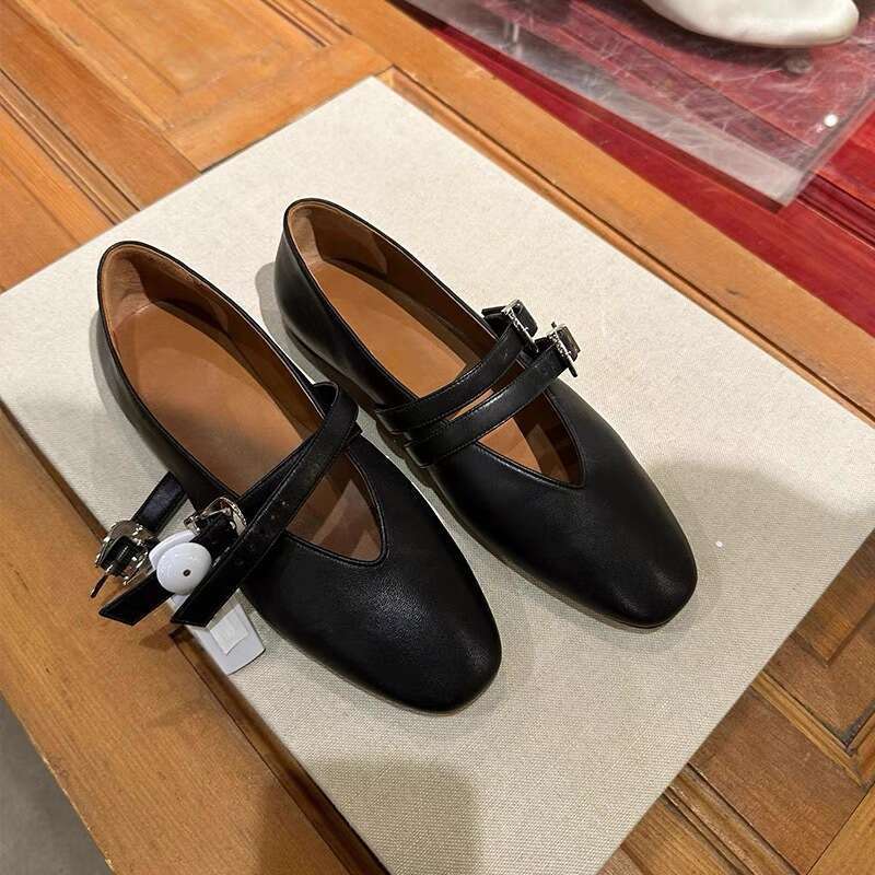Genuine Leather French Niche Double Metal Buckle V-Neck Flat Mary Jane Shoes Women Spring Autumn New Loafers