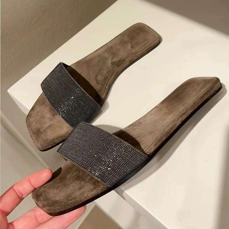 Sheepskin Version ~ French Niche Rhinestone Square Open Toe Slip-On Sandals for Women Outdoor 2025 Summer Vacation Cool Slippers
