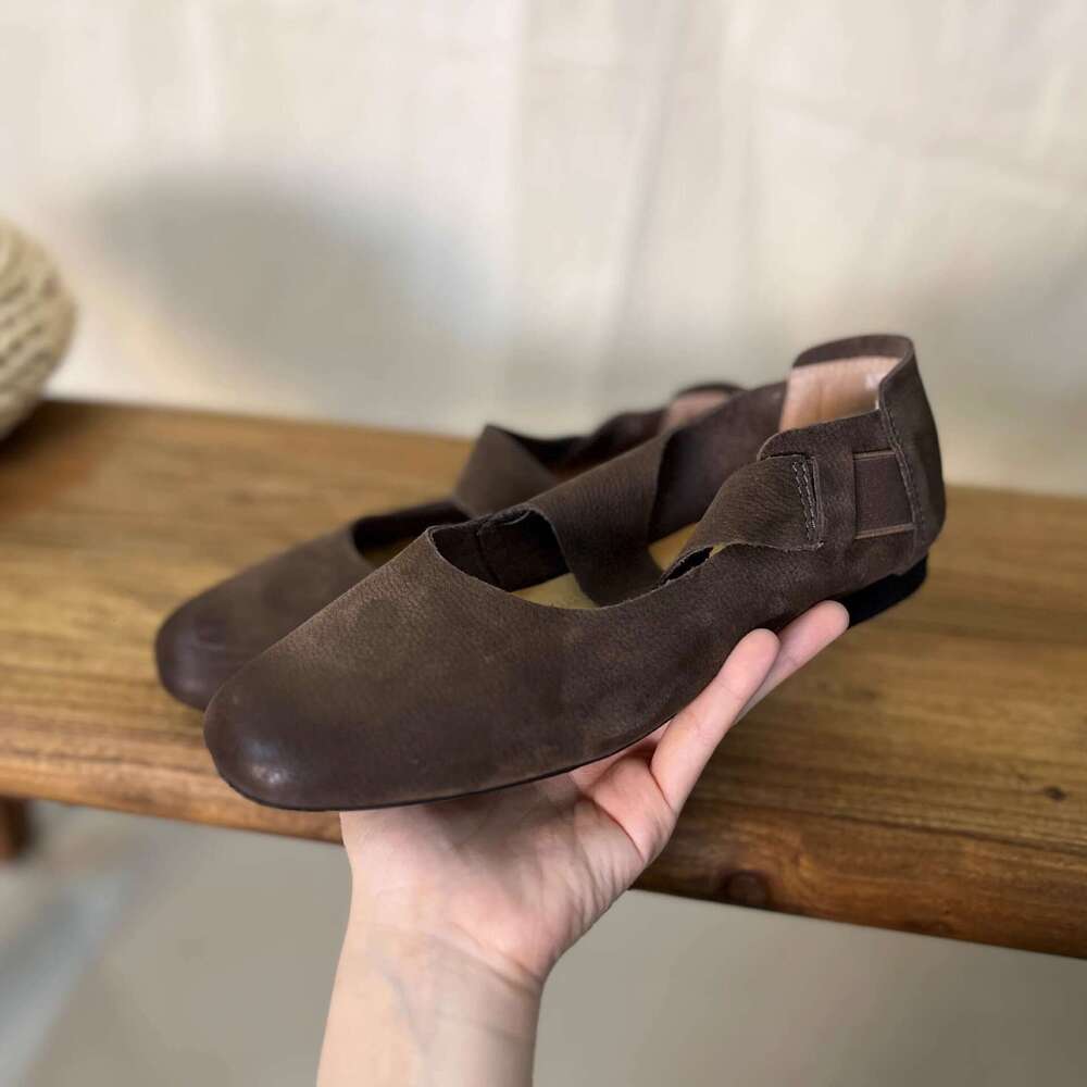 Genuine Leather Niche Dyed Round Toe Flat Ballet Shoes for Women, Summer and Autumn New Style, One-Strap Mary Jane Flats