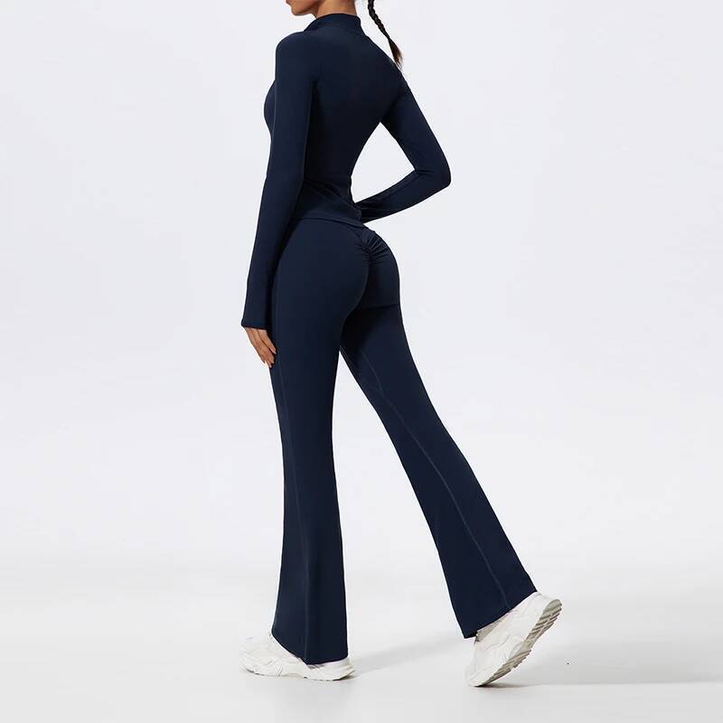 Ctenkevet 2Pcs Sports Suit Half Zipper Long Sleeves Slim Yoga Set Female Flared Activewear Gym Workout Sportswear Women