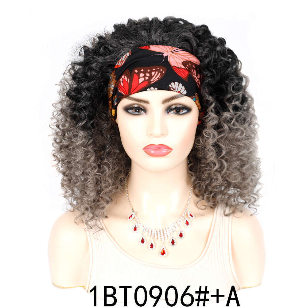 Women's wig Short 19Inch Deep Black Curly Hair Band Ice Silk Hairband Set Wig