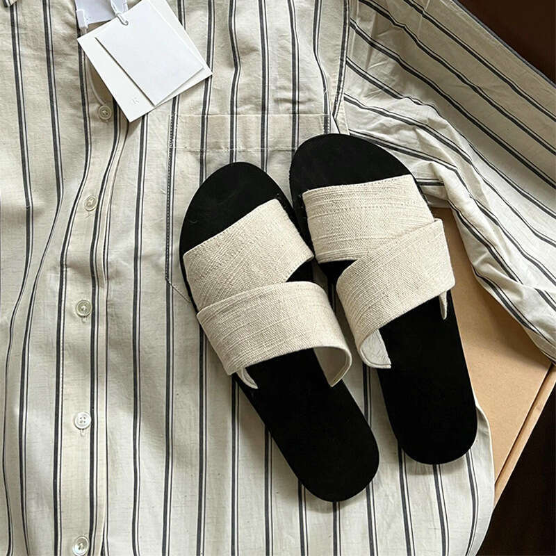 Korean Style Niche Canvas Open-Toe Lazy Slippers for Women Summer Outdoor New Wide Strap Simple Casual Flat Sandals
