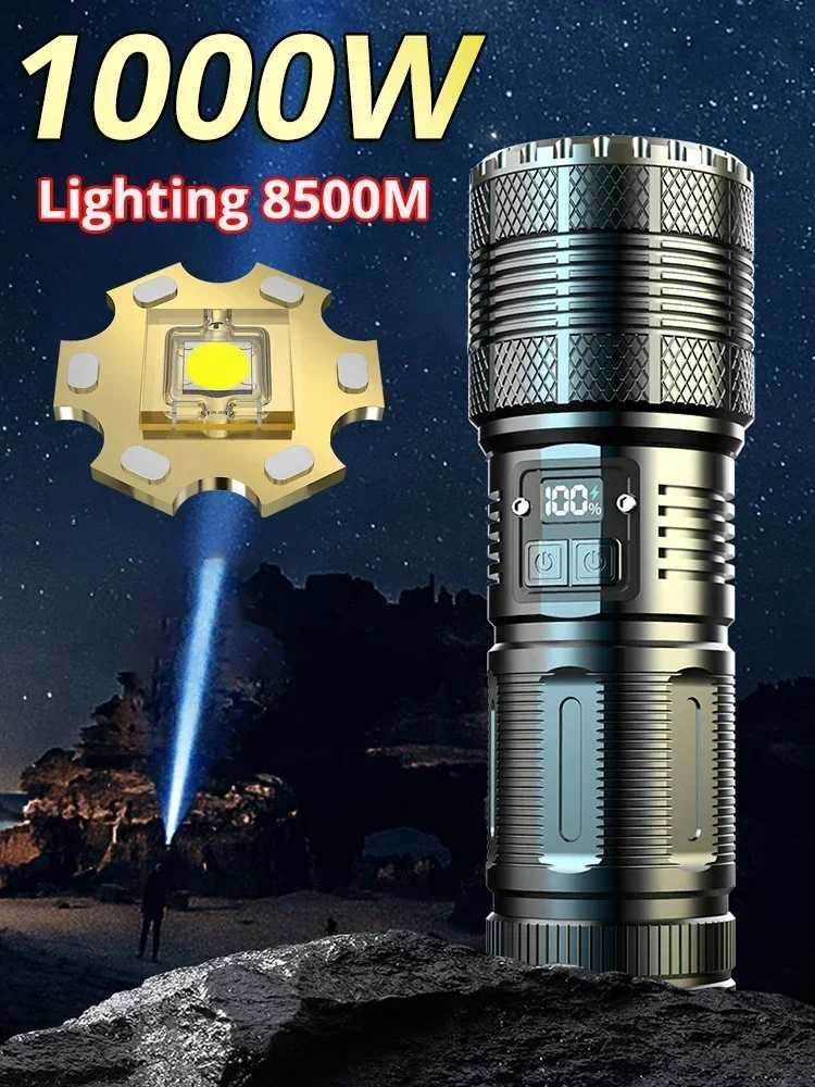 1000W High Power LED Flashlights Tactical Flashlight 7800mAh With Built-in Battery Light Emergency Spotlights 9km Holiday GiftsXJ250529