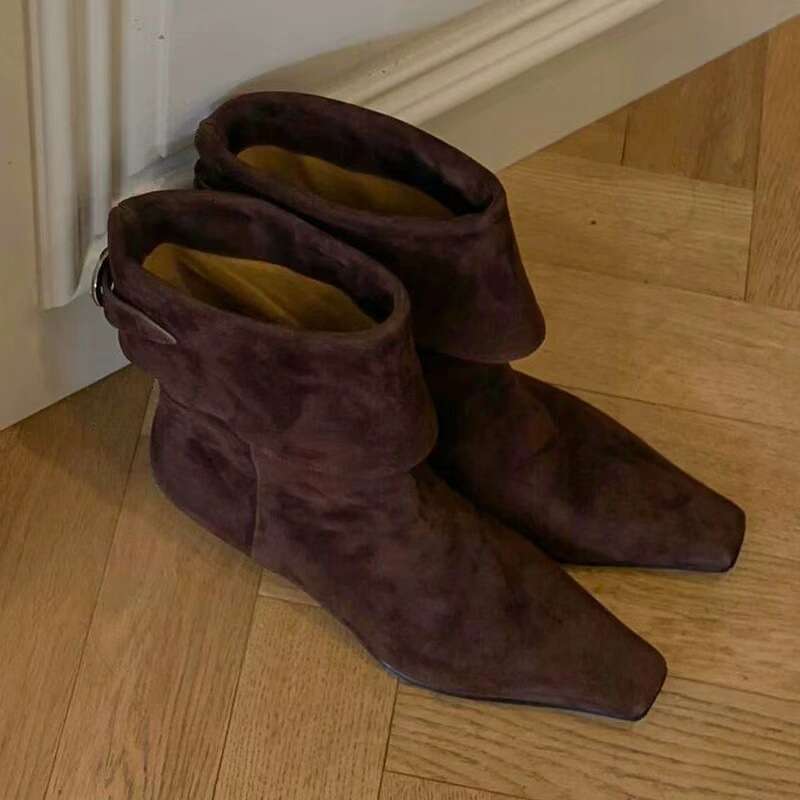 Korean Style Niche Folded Chelsea Slim Short for Women Autumn Winter Fleece Lined Flat Small Square Toe Western Cowboy Boots