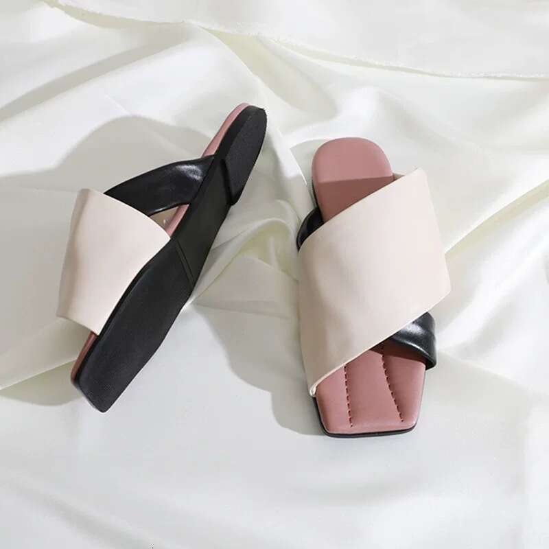 Sheepskin Version ~ Korean Style Color-Block Hook and Loop Flat Sandals for Women Outdoor Wear 2025 Summer New Fashionable Slippers