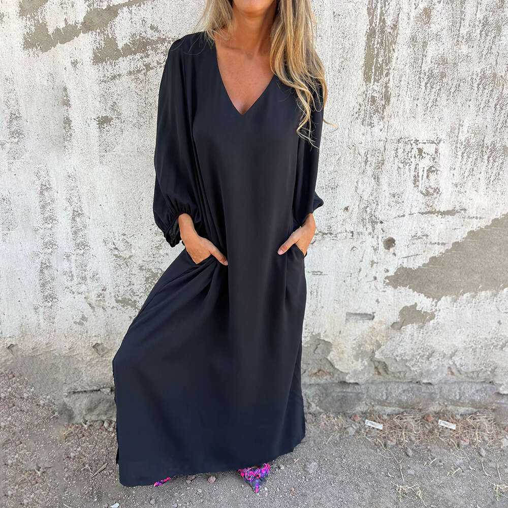 Spring And Autumn Casual Loose V-Neck Solid Color Women's Lantern Sleeve Dress Multiple Colors B5