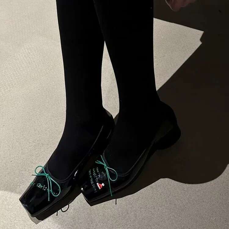 Genuine Leather French Letter Bowknot Shallow Square Toe Single for Women 2025 Spring Chunky Heel Ballet Mary Jane Shoes