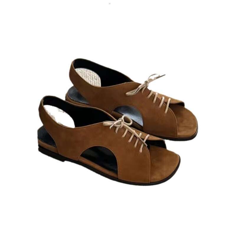 Korean Style Genuine Leather Suede Square Toe Lace-up Flat Open-toe Casual for Women 2024 Summer New Beach Sandals